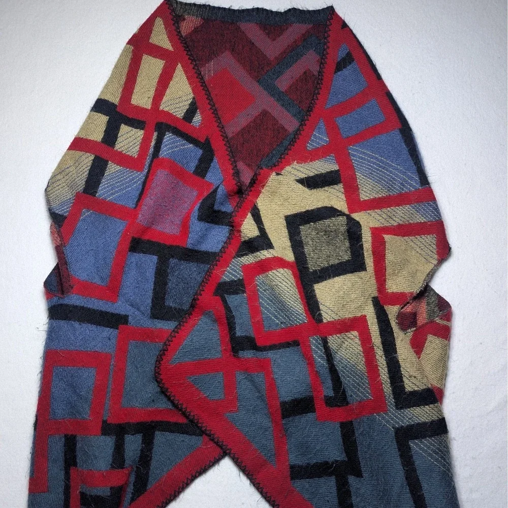 Geometric Wool-Blend Scarf Poncho Wrap Reversible Red Blue Tan